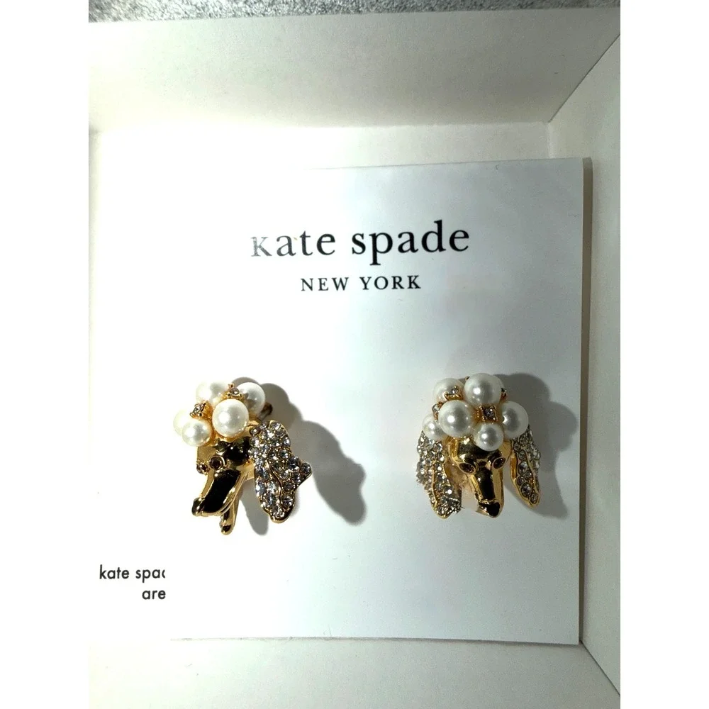 Kate Spade Poodles & Poms Earrings Womens OS Gold Cream Excellent Pearl Crystal